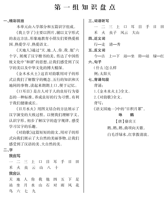 一年级上册语文知识盘点归纳，一年级上册语文第一组知识点总结？