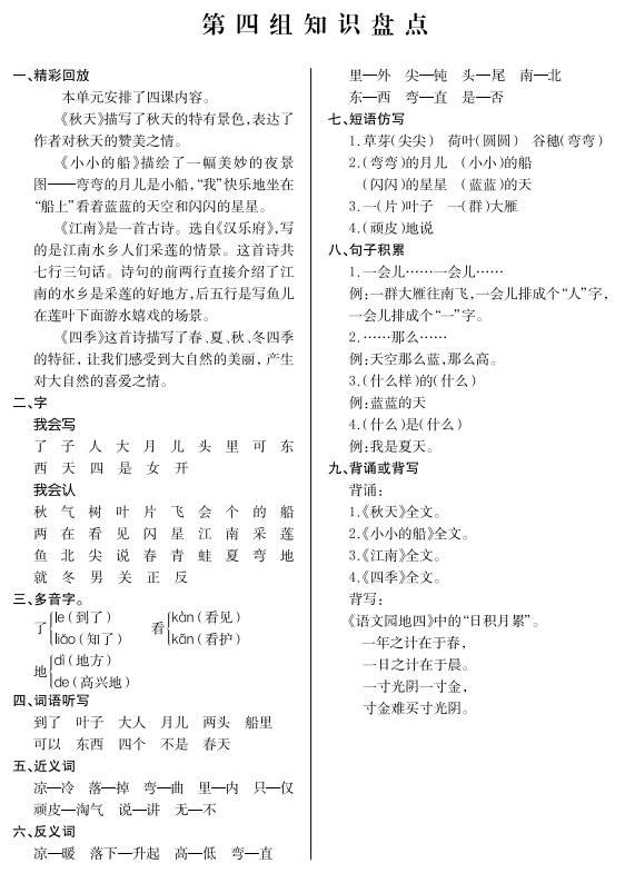 一年级上册语文知识盘点归纳，一年级上册语文第四组知识点总结？