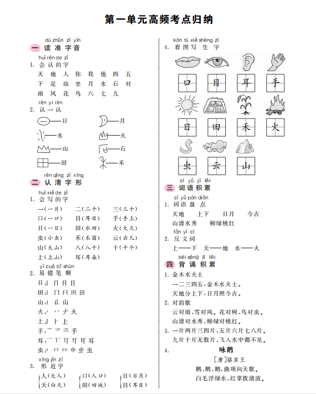 一年级上册语文考点归纳，一年级上册语文第一单元高频考点归纳？