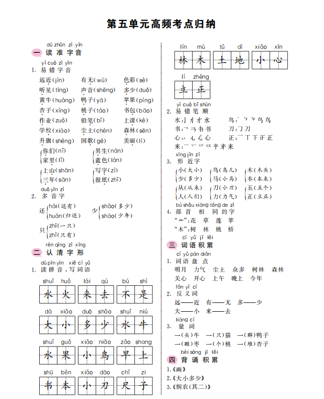 一年级上册语文考点归纳，一年级上册语文第五单元高频考点归纳？