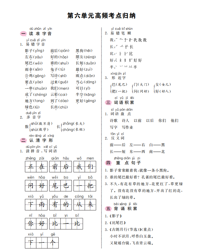 一年级上册语文考点归纳，一年级上册语文第六单元高频考点归纳？