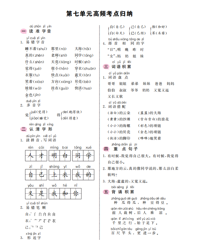 一年级上册语文考点归纳，一年级上册语文第七单元高频考点归纳？